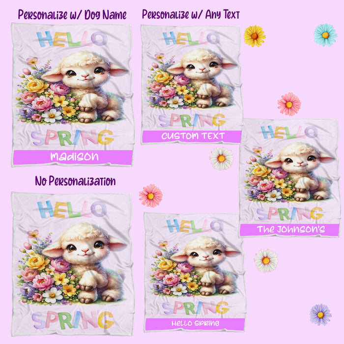 Hello Spring Little Lamb Purple Throw Blanket, Personalized Cute Baby Animal Print Coverlet, Customized Colorful Flowers Kids Throw Blanket