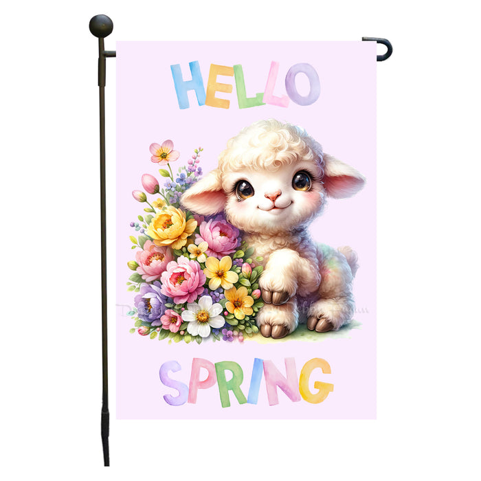 Customized Hello Spring Little Lamb Purple Garden Flag, Personalized Spring Flag, Custom Cute Baby Animal Pet Portrait Yard Art Outdoor and Garden Decor