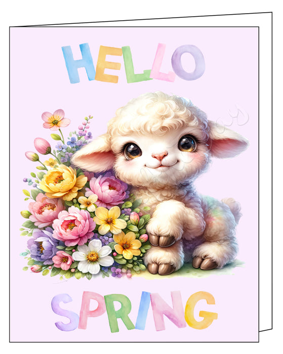 Hello Spring Little Lamb Greeting Card with Envelope, Fun and Cute Animal Portrait Stationery, 5x7"