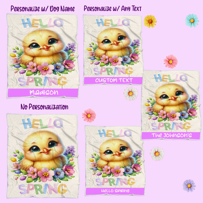 Hello Spring Little Chick Yellow Throw Blanket, Personalized Cute Baby Animal Print Coverlet, Customized Colorful Flowers Kids Throw Blanket