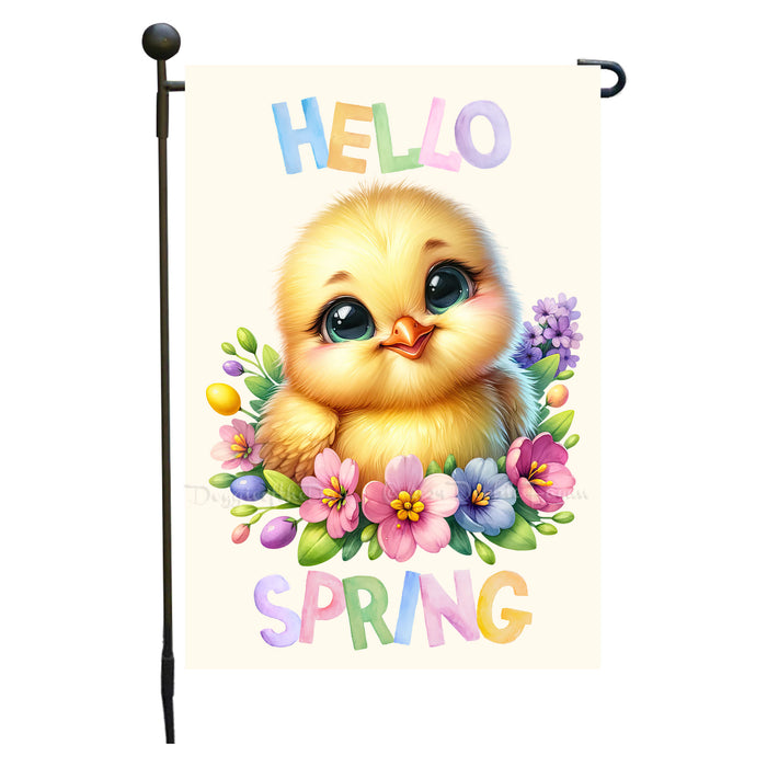 Customized Hello Spring Little Chick Yellow Garden Flag, Personalized Spring Flag, Custom Cute Baby Animal Pet Portrait Yard Art Outdoor and Garden Decor