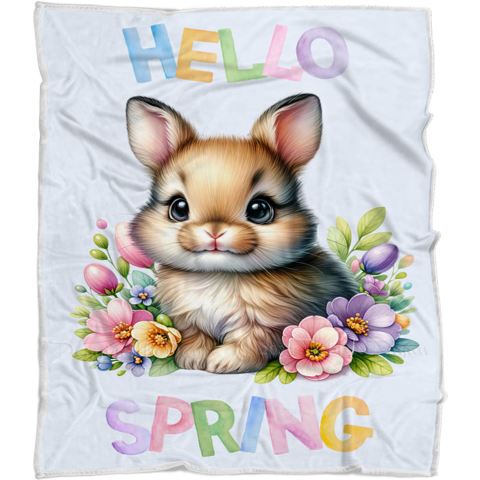 Hello Spring Little Bunny Blue Throw Blanket, Personalized Cute Baby Animal Print Coverlet, Customized Colorful Flowers Kids Throw Blanket