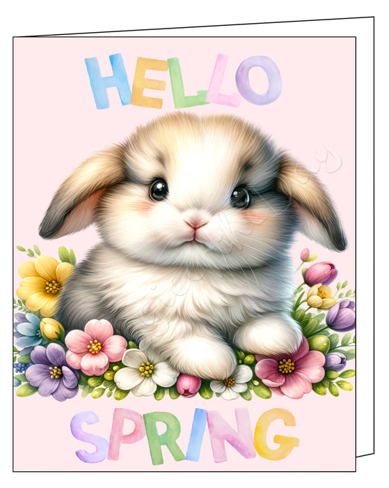 Hello Spring Little Bunny Greeting Card with Envelope, Fun and Cute Animal Rabbit Portrait Stationery, 5x7"