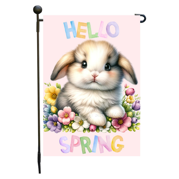 Customized Hello Spring Little Bunny Pink Garden Flag, Personalized Spring Flag, Custom Cute Baby Animal Pet Portrait Yard Art Outdoor and Garden Decor