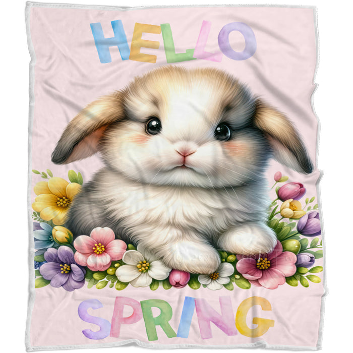 Hello Spring Little Bunny Pink Throw Blanket, Personalized Cute Baby Animal Print Coverlet, Customized Colorful Flowers Kids Throw Blanket