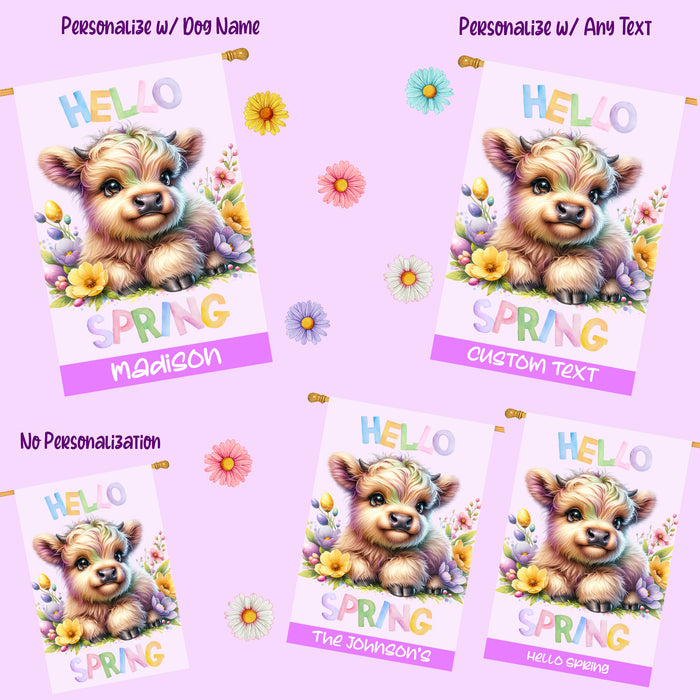 Hello Spring Little Bull Calf Purple Custom House Flag, Personalized Spring Flag, Welcome Flag Yard Art Outdoor Decor, Farmhouse Style, Animal Lover New House Gift
