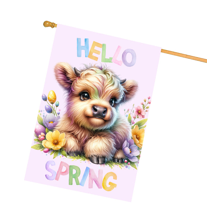 Hello Spring Little Bull Calf Purple Custom House Flag, Personalized Spring Flag, Welcome Flag Yard Art Outdoor Decor, Farmhouse Style, Animal Lover New House Gift