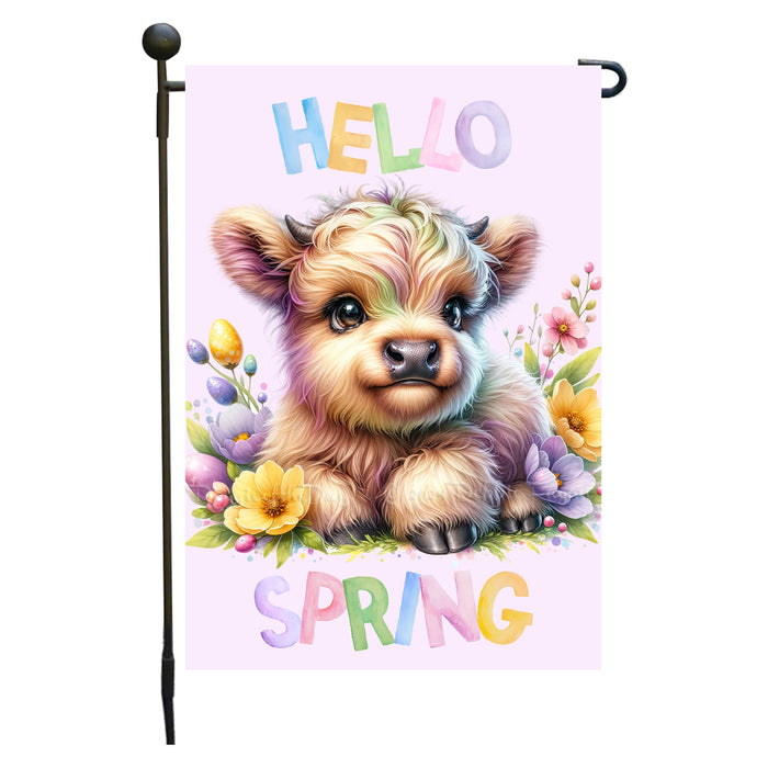 Customized Hello Spring Little Bull Calf Purple Garden Flag, Personalized Spring Flag, Custom Cute Baby Animal Pet Portrait Yard Art Outdoor and Garden Decor