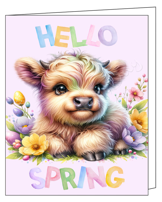 Hello Spring Little Bull Calf Greeting Card with Envelope, Fun and Cute Animal Portrait Stationery, 5x7"