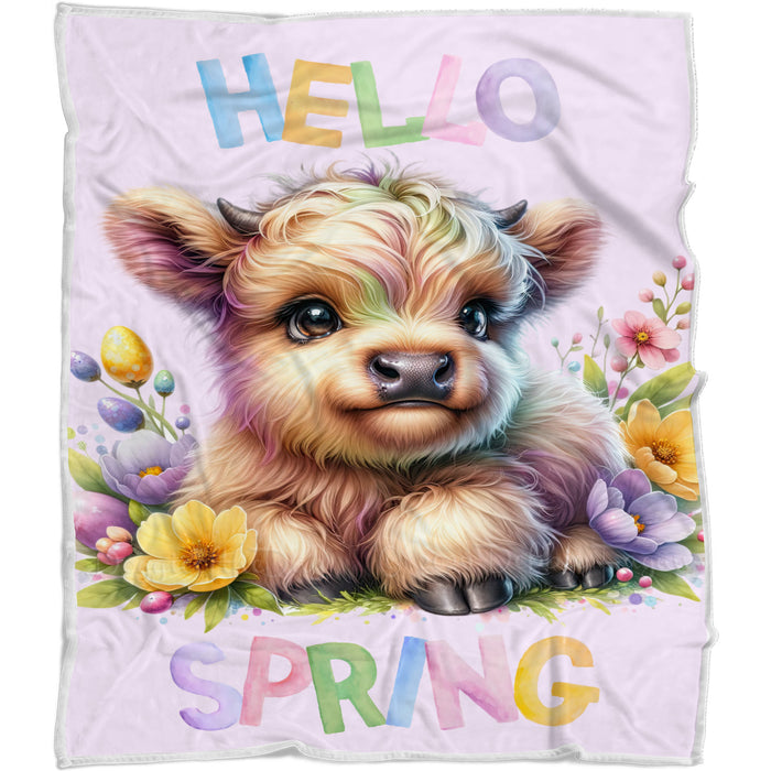 Hello Spring Little Bull Calf Purple Throw Blanket, Personalized Cute Baby Animal Print Coverlet, Customized Colorful Flowers Kids Throw Blanket