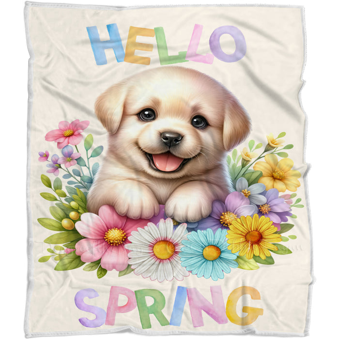 Hello Spring Little Puppy Yellow Throw Blanket, Personalized Cute Baby Animal Print Coverlet, Customized Colorful Flowers Kids Throw Blanket