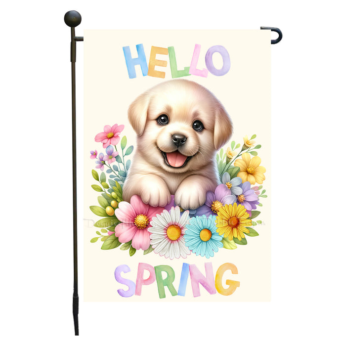 Customized Hello Spring Little Puppy Yellow Garden Flag, Personalized Spring Flag, Custom Cute Baby Animal Pet Portrait Yard Art Outdoor and Garden Decor