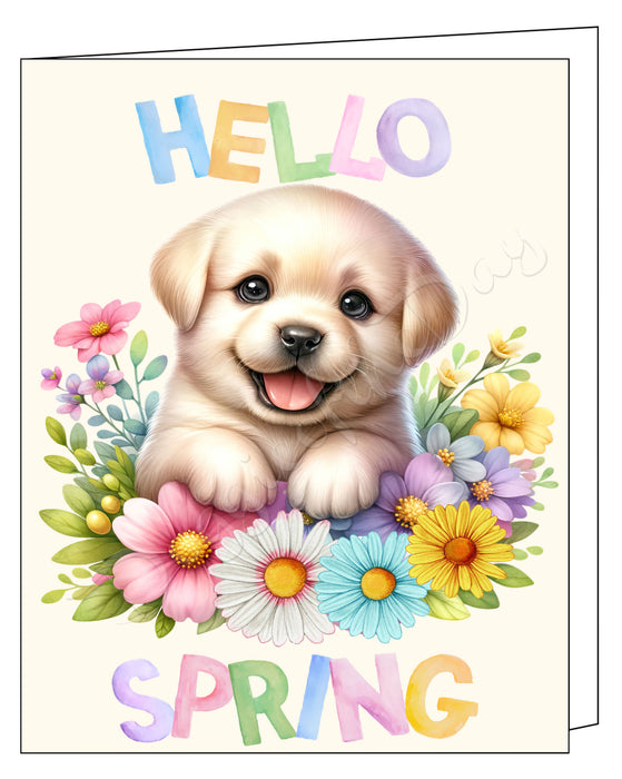 Hello Spring Little Puppy Greeting Card with Envelope, Fun and Cute Dog Portrait Stationery, 5x7"