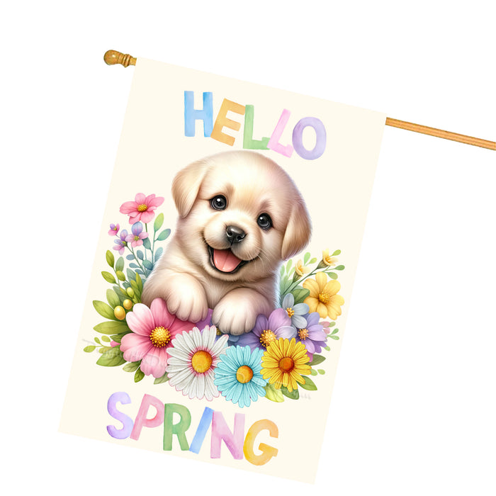 Hello Spring Little Puppy Yellow Custom House Flag, Personalized Spring Flag, Welcome Flag Yard Art Outdoor Decor, Farmhouse Style, Animal Lover New House Gift