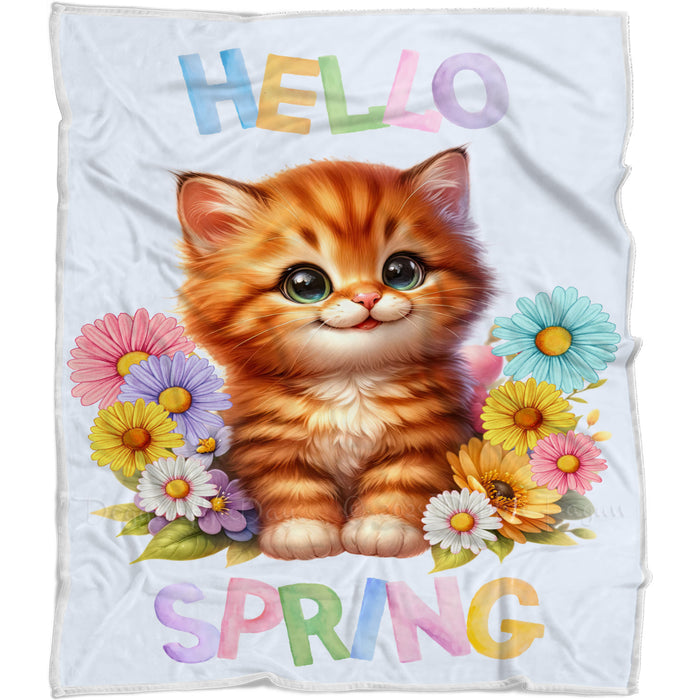 Hello Spring Little Ginger Kitten Throw Blanket, Personalized Cute Baby Animal Print Coverlet, Customized Colorful Flowers Kids Throw Blanket