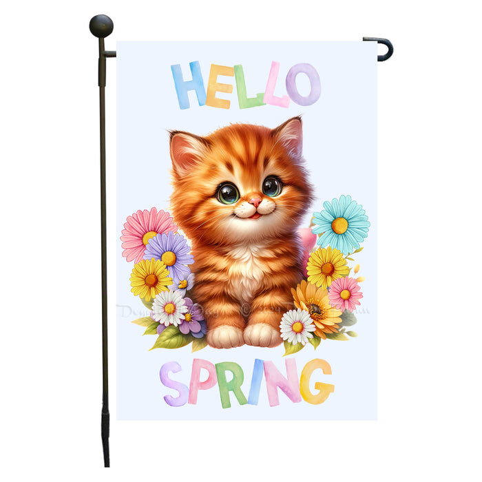 Customized Hello Spring Little Ginger Kitten Garden Flag, Personalized Spring Flag, Custom Cute Baby Animal Pet Portrait Yard Art Outdoor and Garden Decor