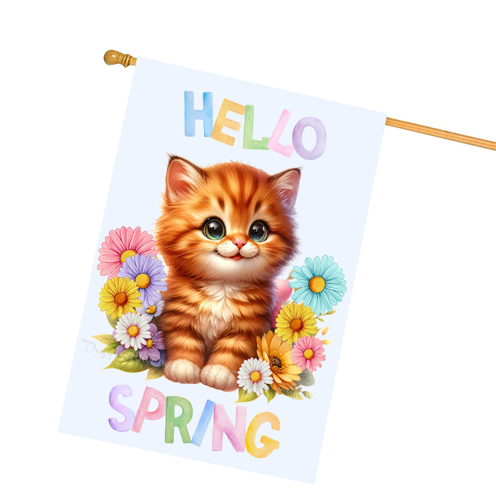 Hello Spring Little Ginger Kitten Custom House Flag, Personalized Spring Flag, Welcome Flag Yard Art Outdoor Decor, Farmhouse Style, Animal Lover New House Gift