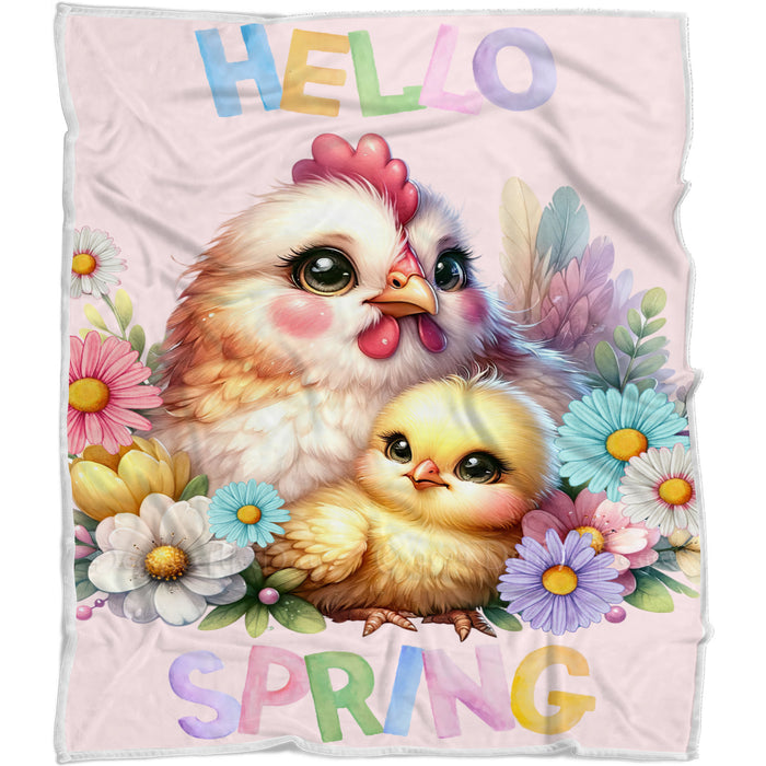 Hello Spring Chicken & Chick Throw Blanket, Personalized Cute Baby Animal Print Coverlet, Customized Colorful Flowers Kids Throw Blanket
