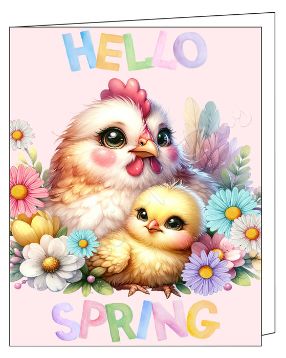 Hello Spring Chicken Greeting Card with Envelope, Fun and Cute Animal Portrait Stationery, 5x7"