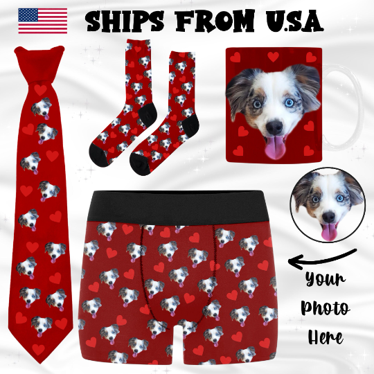 Valentine's Day Gift Pet Photo, Personalized Gift for Boyfriend, Photo Coffee Mug, Boxers with Faces, Photo Necktie, Funny Valentines Socks