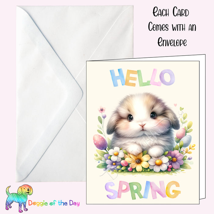 Hello Spring Little Bunny Greeting Card with Envelope, Fun and Cute Rabbit Portrait Stationery, 5x7"