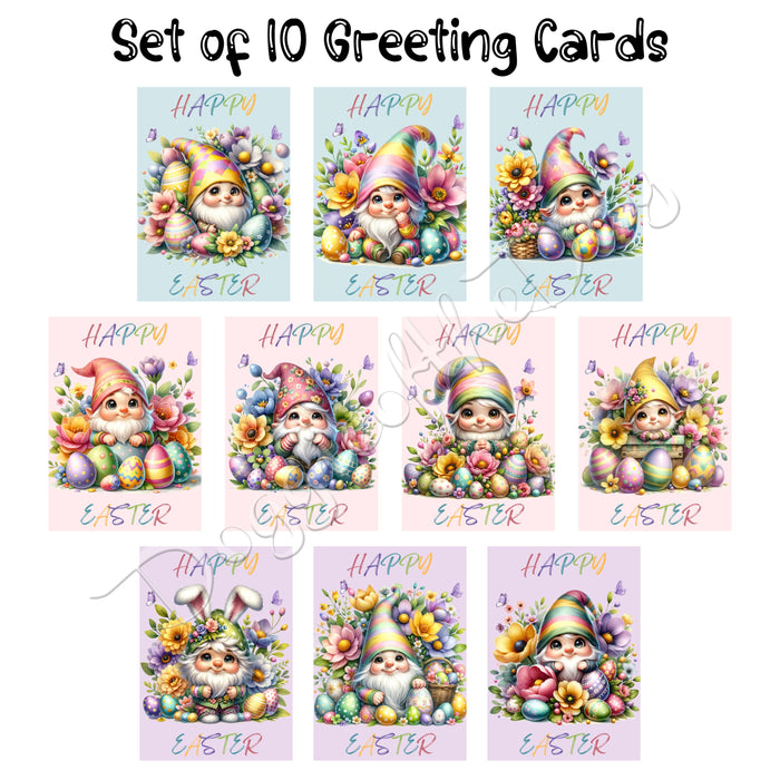 Happy Easter Gnomes Set of 10 Greeting Card and Note Card w/ Envelope, Funny Colorful Easter Egg Multi Design, Cute Bunny Delight Gift Card