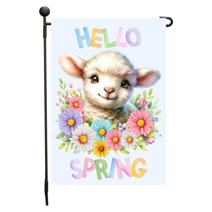 Customized Hello Spring Little Lamb Blue Garden Flag, Personalized Spring Flag, Custom Cute Baby Animal Pet Portrait Yard Art Outdoor and Garden Decor