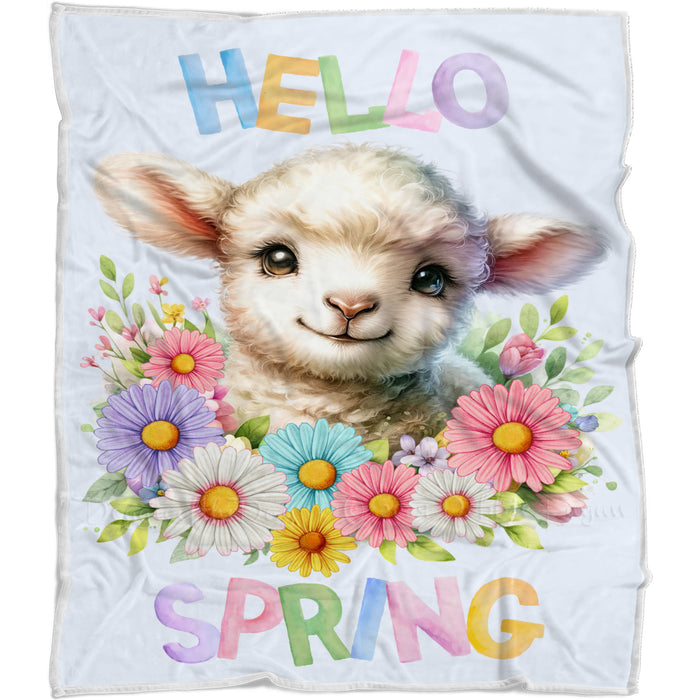 Hello Spring Little Lamb Blue Throw Blanket, Personalized Cute Baby Animal Print Coverlet, Customized Colorful Flowers Kids Throw Blanket