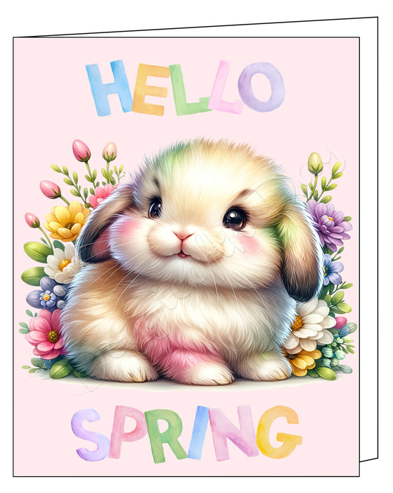 Hello Spring Little Colorful Bunny Greeting Card with Envelope, Fun and Cute Animal Portrait Stationery, 5x7"