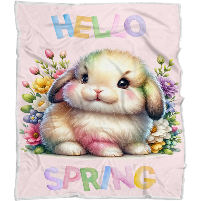 Hello Spring Colorful Little Bunny Pink Throw Blanket, Personalized Cute Baby Animal Print Coverlet, Customized Colorful Flowers Kids Throw Blanket