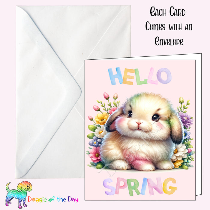 Hello Spring Little Colorful Bunny Greeting Card with Envelope, Fun and Cute Animal Portrait Stationery, 5x7"