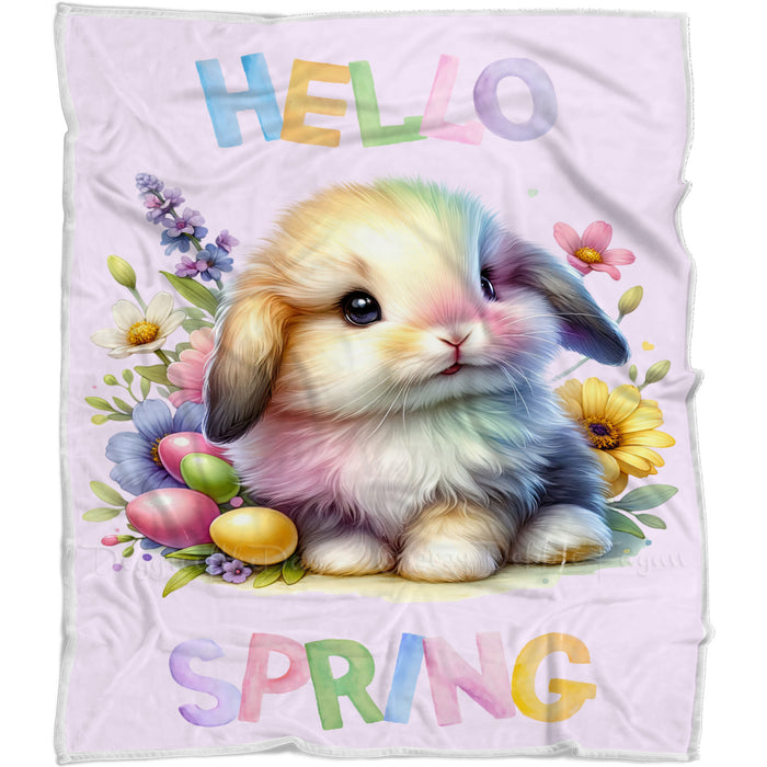 Hello Spring Colorful Little Bunny Purple Throw Blanket, Personalized Cute Baby Animal Print Coverlet, Customized Colorful Flowers Kids Throw Blanket