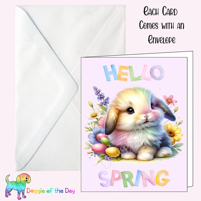 Hello Spring Little Colorful Bunny Greeting Card with Envelope, Fun and Cute Animal Rabbit Portrait Stationery, 5x7"