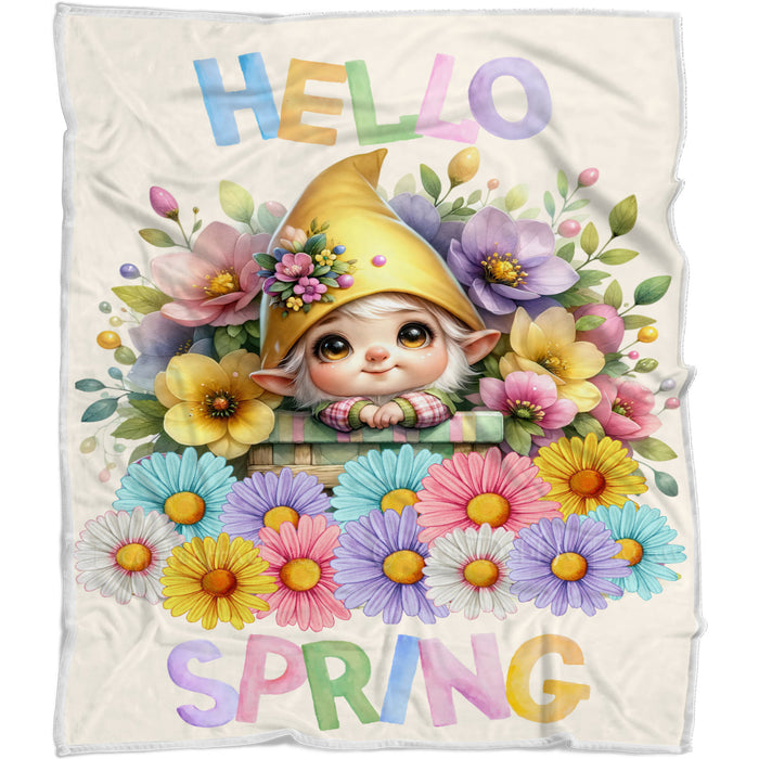 Hello Spring Gnome Throw Blanket, Personalized Cute Baby Animal Print Coverlet, Customized Colorful Flowers Kids Throw Blanket