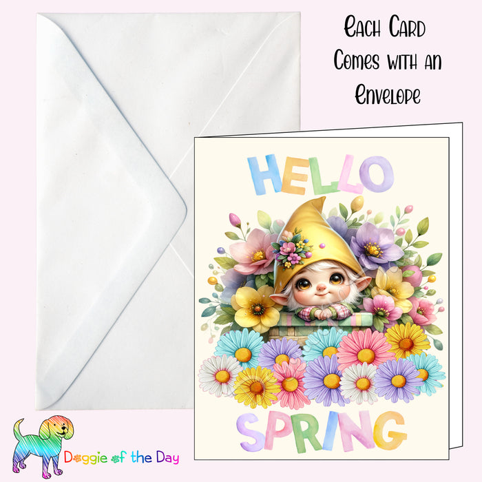 Hello Spring Gnome Greeting Card with Envelope, Fun and Cute Floral Elf Portrait Stationery, 5x7"