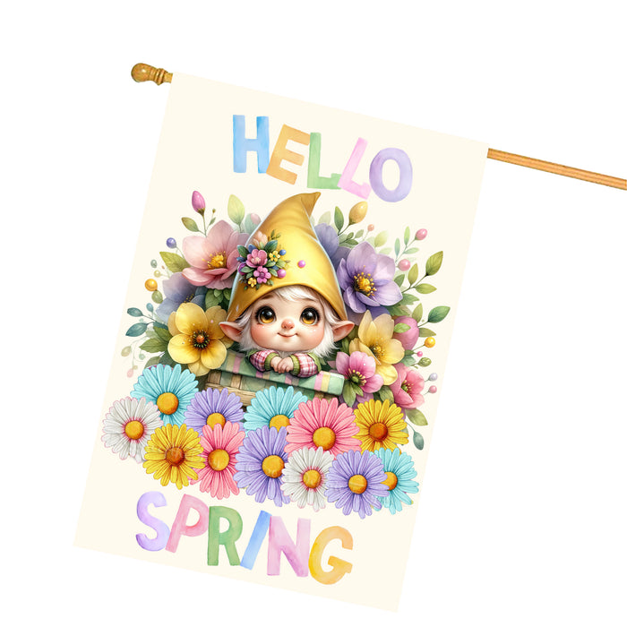 Hello Spring Gnome Custom House Flag, Personalized Spring Flag, Welcome Flag Yard Art Outdoor Decor, Farmhouse Style, Animal Lover New House Gift