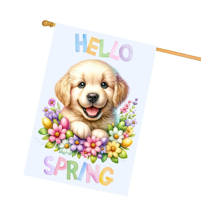 Hello Spring Little Puppy Blue Custom House Flag, Personalized Spring Flag, Welcome Flag Yard Art Outdoor Decor, Farmhouse Style, Animal Lover New House Gift