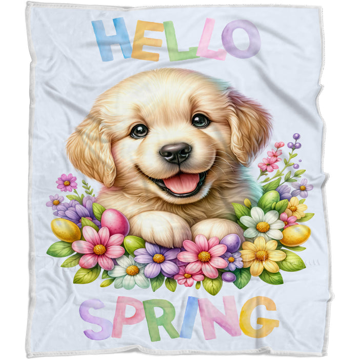 Hello Spring Little Puppy Blue Throw Blanket, Personalized Cute Baby Animal Print Coverlet, Customized Colorful Flowers Kids Throw Blanket