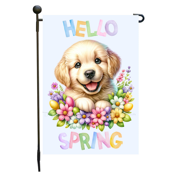 Customized Hello Spring Little Puppy Blue Garden Flag, Personalized Spring Flag, Custom Cute Baby Animal Pet Portrait Yard Art Outdoor and Garden Decor