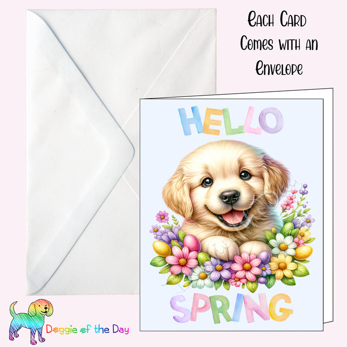 Hello Spring Little Puppy Greeting Card with Envelope, Fun and Cute Floral Dog Portrait Stationery, 5x7"