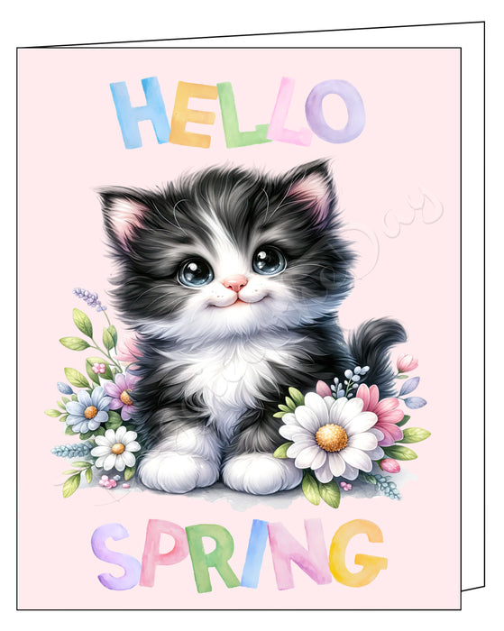 Hello Spring Little Tuxedo Kitten Greeting Card with Envelope, Fun and Cute Floral Cat Portrait Stationery, 5x7"