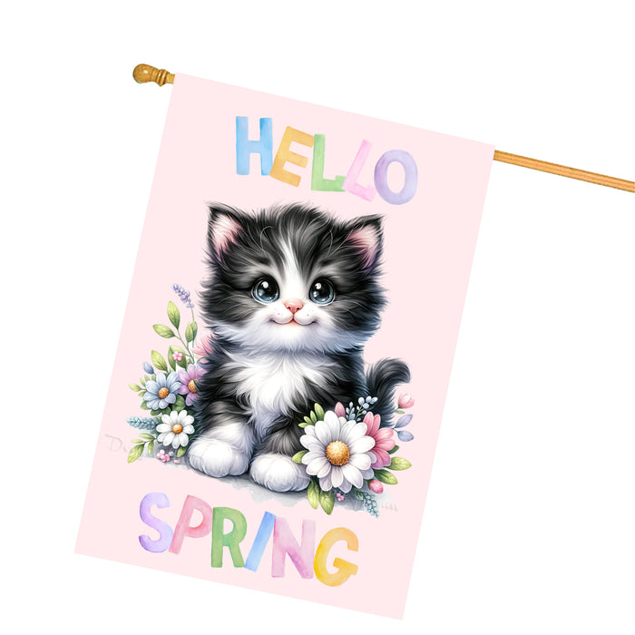 Hello Spring Little Tuxedo Kitten Custom House Flag, Personalized Spring Flag, Welcome Flag Yard Art Outdoor Decor, Farmhouse Style, Animal Lover New House Gift