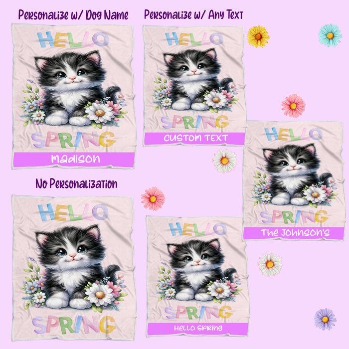 Hello Spring Little Tuxedo Kitten Throw Blanket, Personalized Cute Baby Animal Print Coverlet, Customized Colorful Flowers Kids Throw Blanket