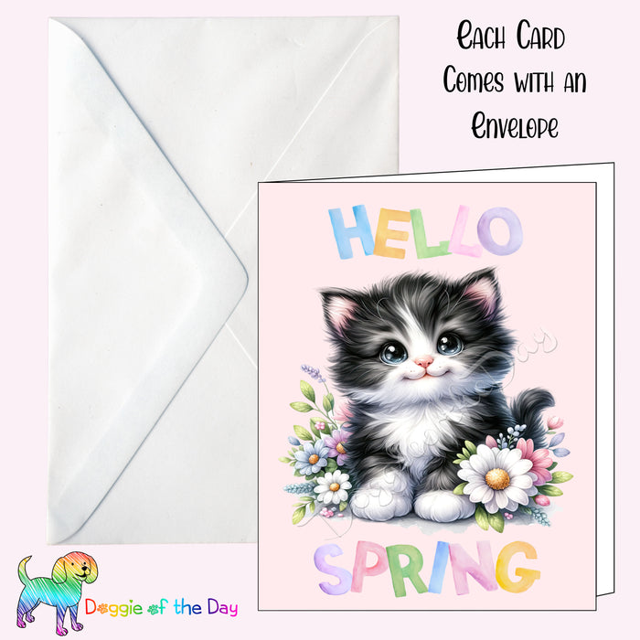 Hello Spring Little Tuxedo Kitten Greeting Card with Envelope, Fun and Cute Floral Cat Portrait Stationery, 5x7"
