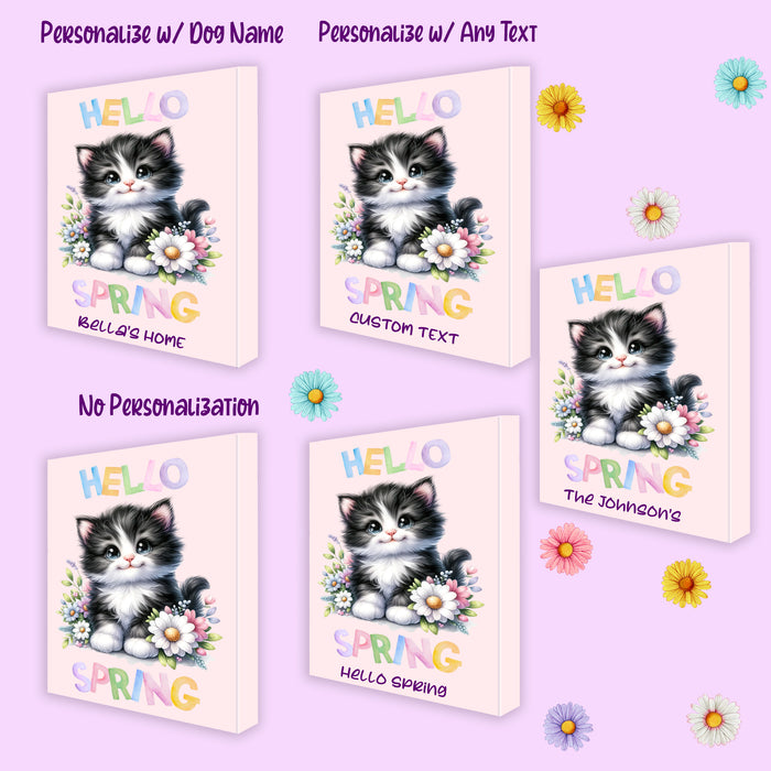 Custom Hello Spring Little Tuxedo Kitten Canvas Wall Art, Personalized Cute Baby Animal Portrait Gallery Print, Customized Colorful Flower Artwork Wall Hanging Decor