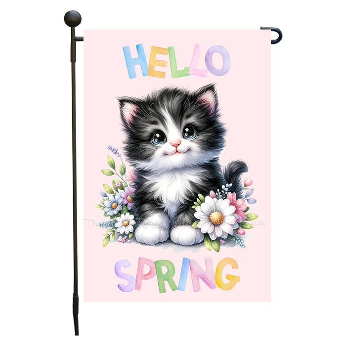 Customized Hello Spring Little Tuxedo Kitten Garden Flag, Personalized Spring Flag, Custom Cute Baby Animal Pet Portrait Yard Art Outdoor and Garden Decor