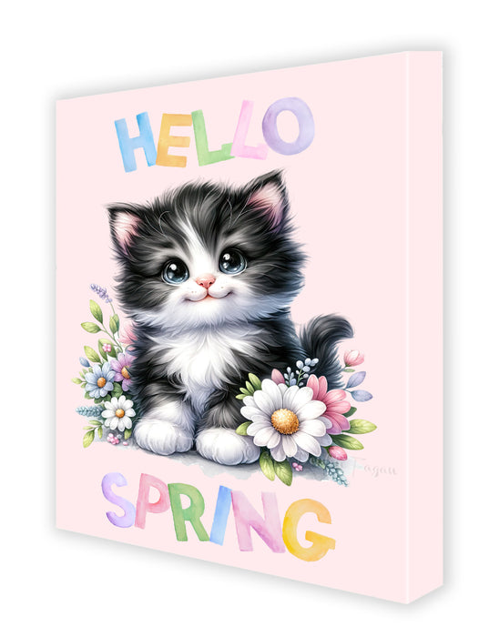 Custom Hello Spring Little Tuxedo Kitten Canvas Wall Art, Personalized Cute Baby Animal Portrait Gallery Print, Customized Colorful Flower Artwork Wall Hanging Decor