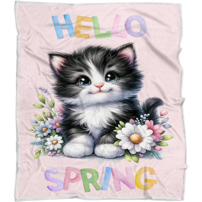 Hello Spring Little Tuxedo Kitten Throw Blanket, Personalized Cute Baby Animal Print Coverlet, Customized Colorful Flowers Kids Throw Blanket