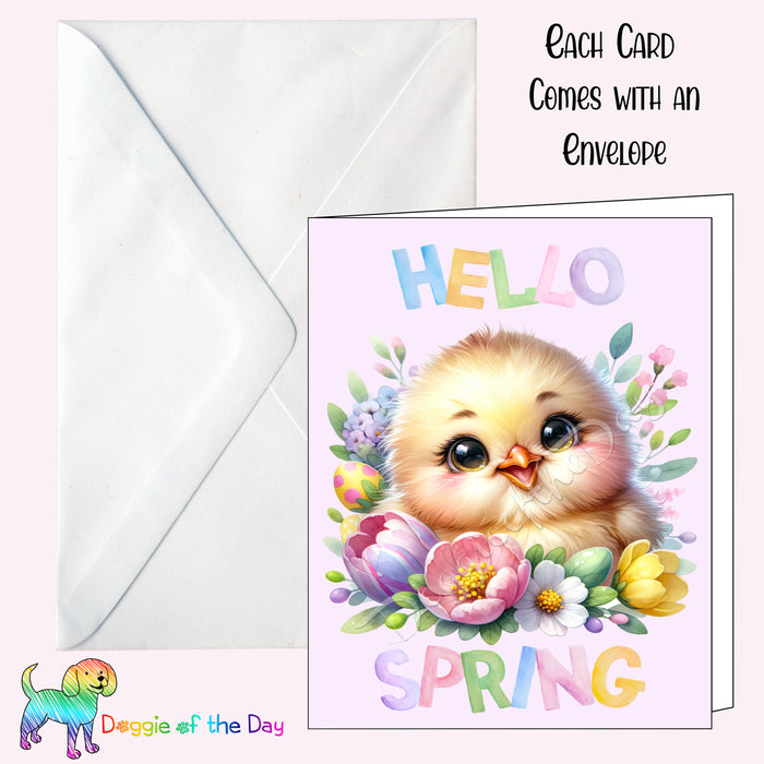 Hello Spring Little Chick Greeting Card with Envelope, Fun and Cute Floral Animal Portrait Stationery, 5x7"