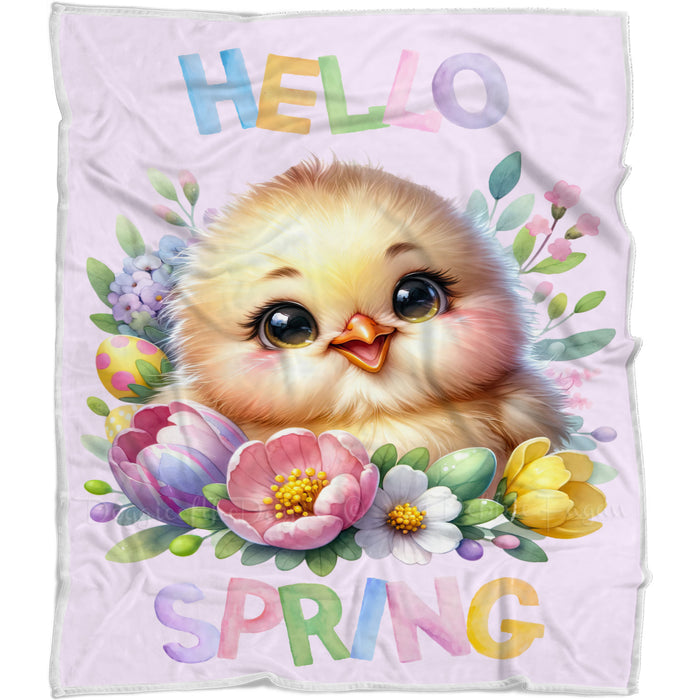 Hello Spring Little Chick Purple Throw Blanket, Personalized Cute Baby Animal Print Coverlet, Customized Colorful Flowers Kids Throw Blanket